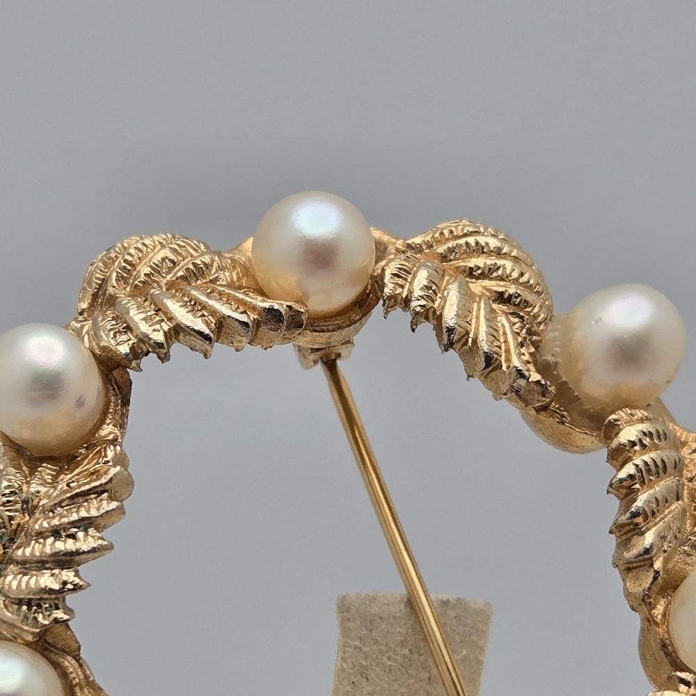 Charel Pearl Leaf Circle Brooch Designer Vintage Gold Fresh Water Pin - Picture 8 of 10